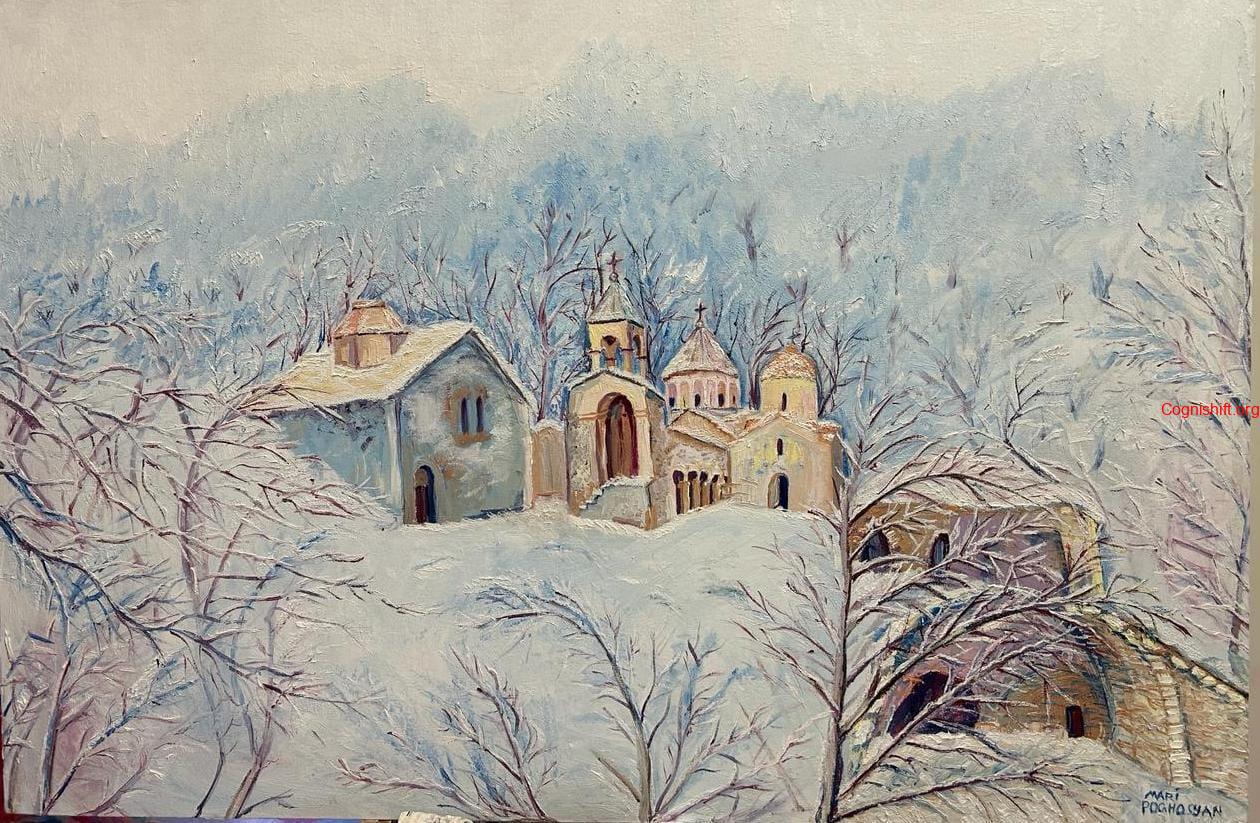 Dadivank Armenian Monastery in winter ❄️ ❄️❄️ Original Art , Oil painting on Canvas, 98 x 69 cm. Mari Poghosyan