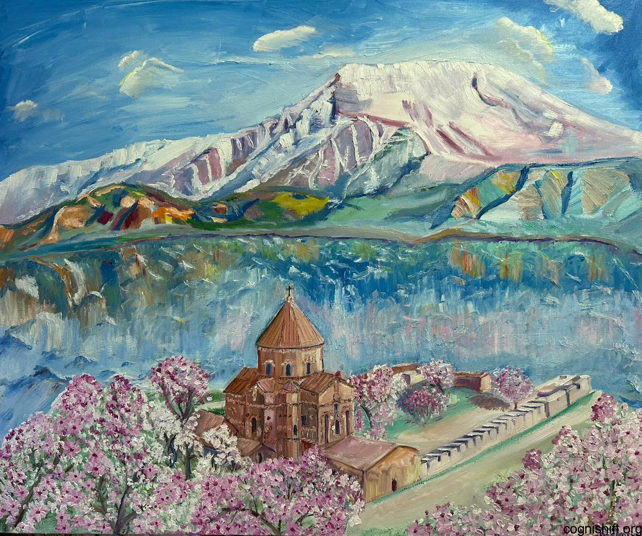 Lake Van, Holy Cross Church of Akhtamar , Oil painting on canvas