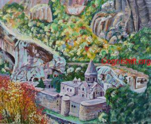 Geghard monastery Acrylic on Canvas painting 50×60cm Original art Mari Poghosyan Geghard (Armenian: Գեղարդ, meaning "spear") is a medieval monastery in the Kotayk province of Armenia, being partially carved out of the adjacent mountain, surrounded by cliffs. It is listed as a UNESCO World Heritage Site with enhanced protection status.