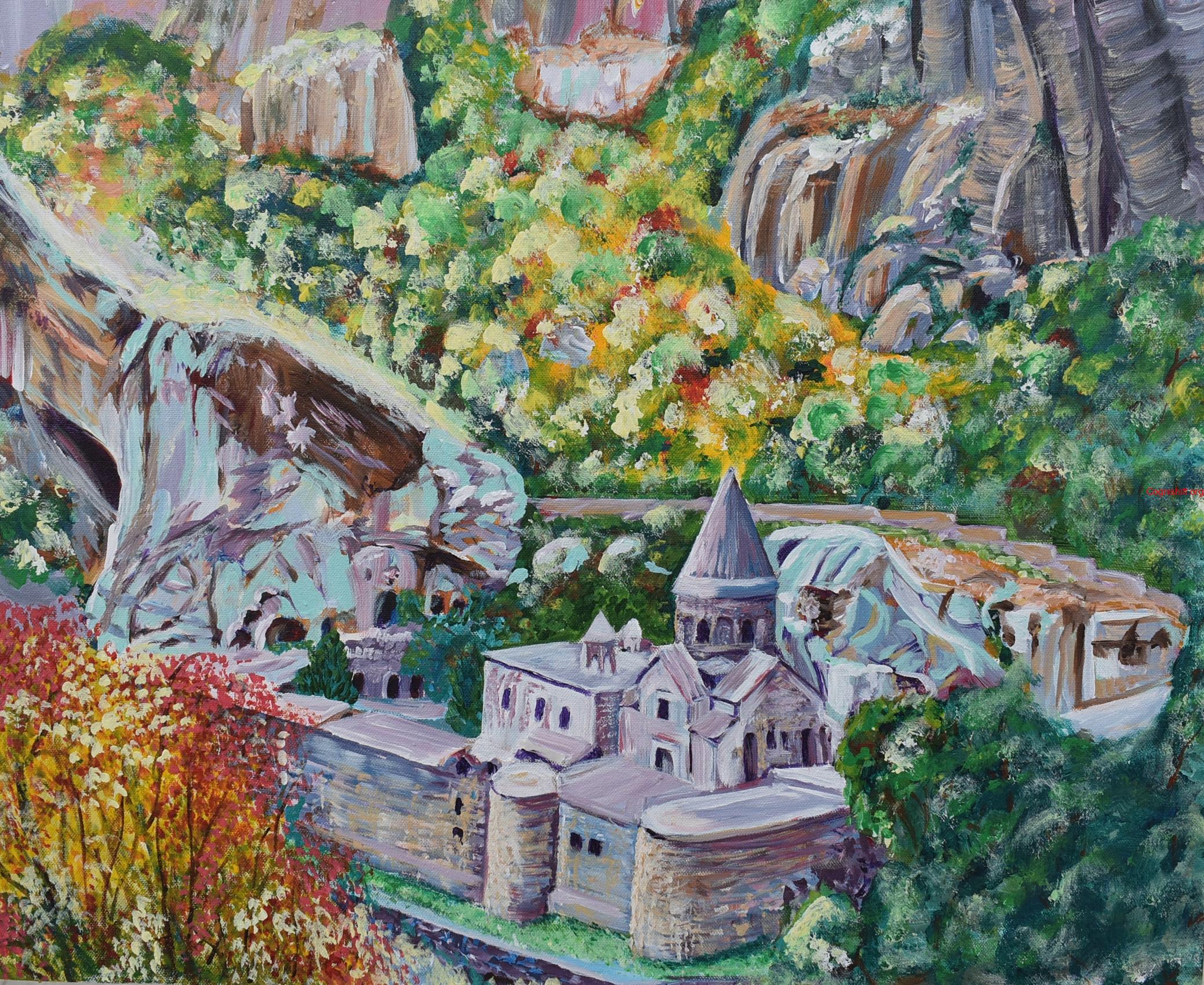 Geghard monastery Acrylic on Canvas painting 50×60cm Original art Mari Poghosyan Geghard (Armenian: Գեղարդ, meaning "spear") is a medieval monastery in the Kotayk province of Armenia, being partially carved out of the adjacent mountain, surrounded by cliffs. It is listed as a UNESCO World Heritage Site with enhanced protection status.